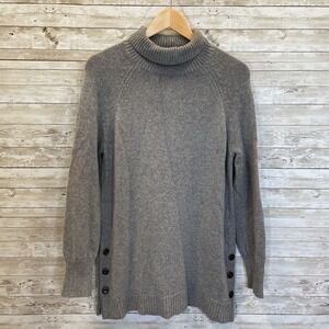 Garnet Hill Womens S Sweater 100% Cashmere Gray Pullover Turtleneck Side Buttons